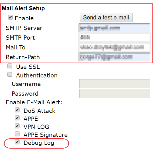 enable mail alert for sending the debug log